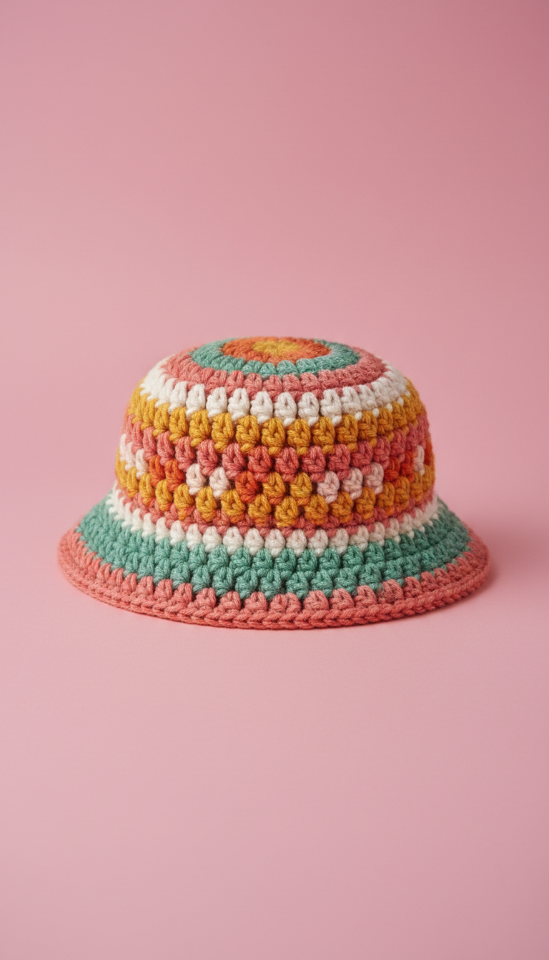 Textured crochet bucket hat in rainbow hues
