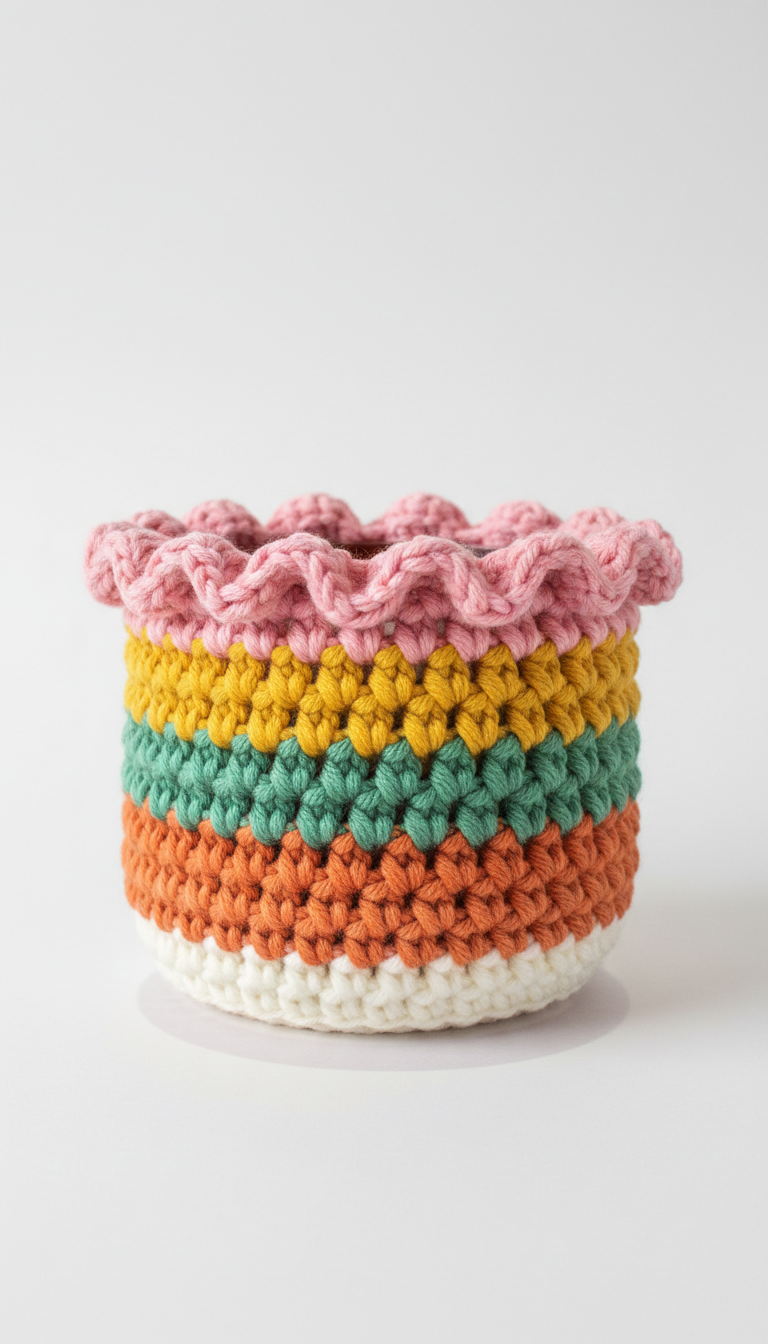 Handmade crochet plant pot cover with scalloped trim