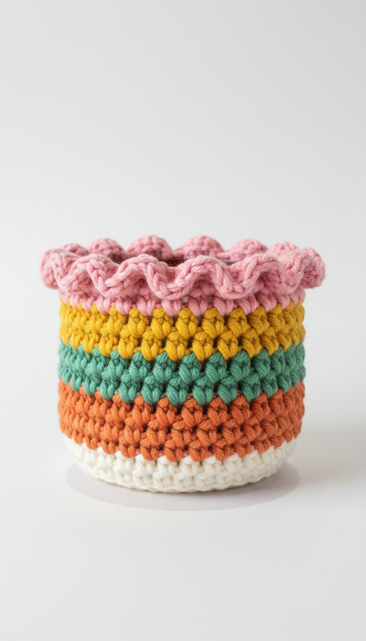 Handmade crochet plant pot cover with scalloped trim