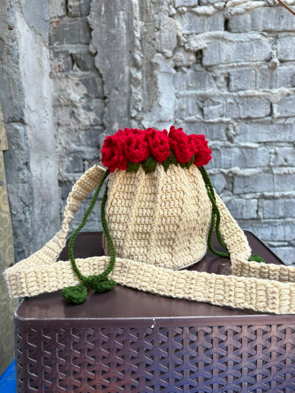 Red rose potli bag with beige base