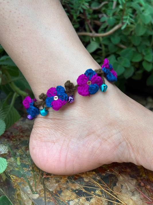 Blue - pink orchid anklet - pair