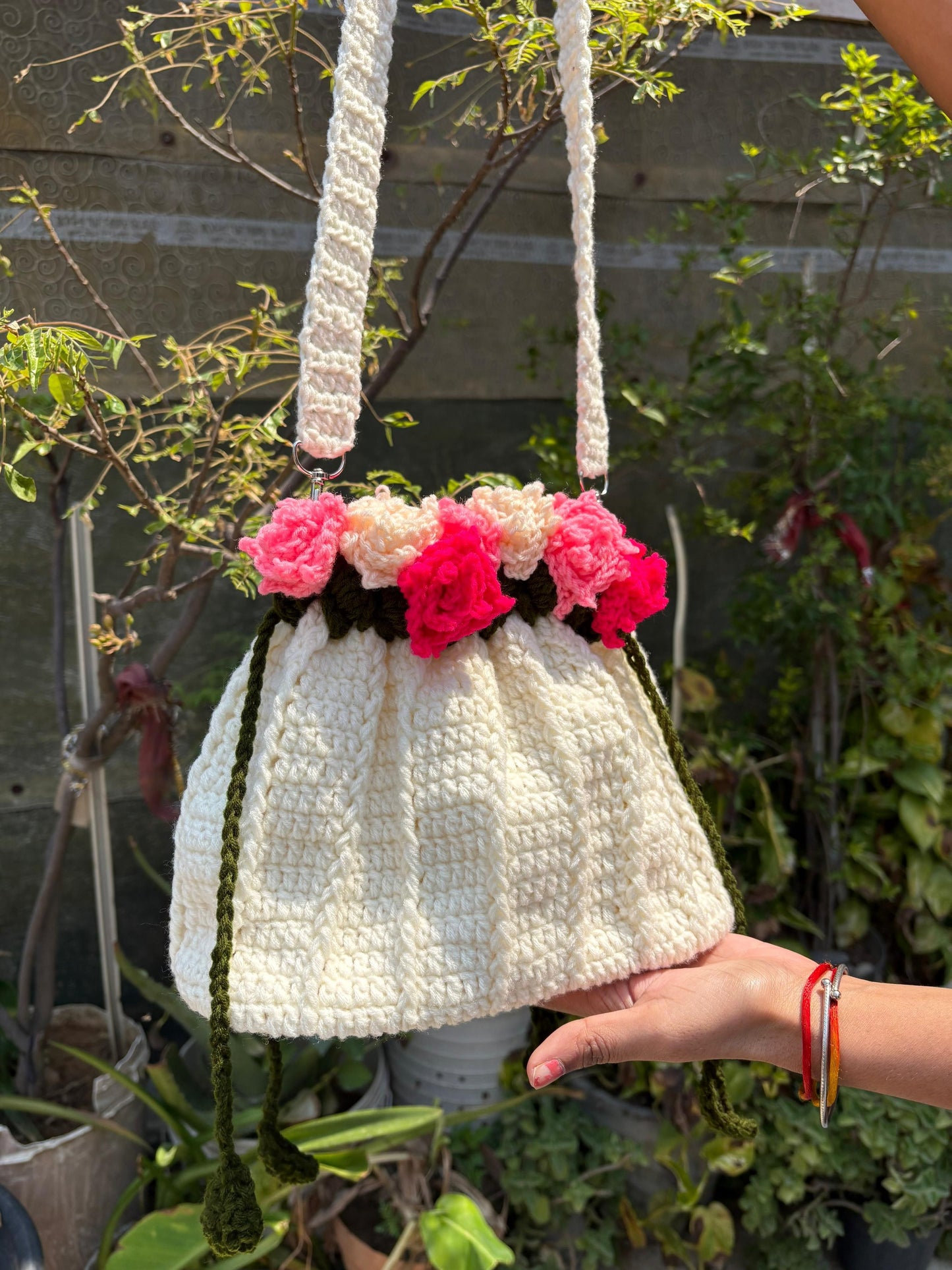 Pink Rose bag with leather base