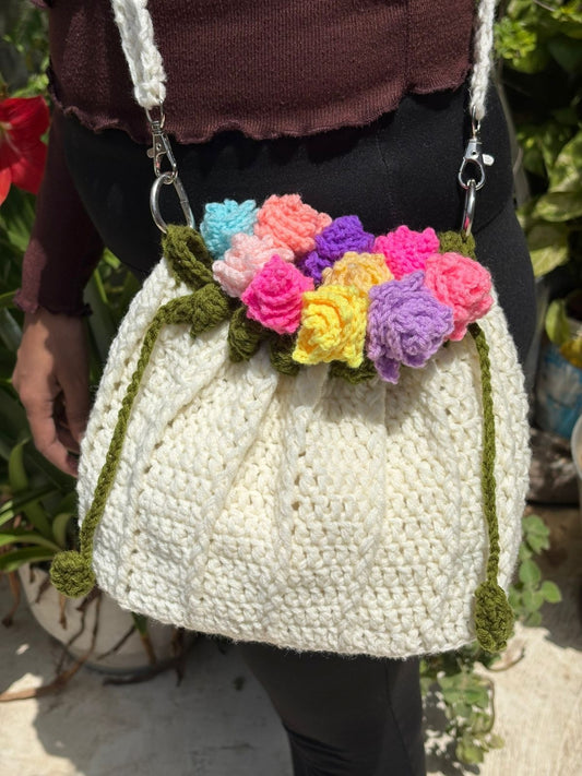 Multicolour Rose bag with leather base
